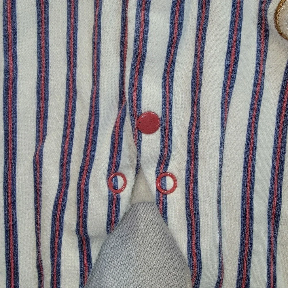Vtg Bon Bebe Baseball Snap Romper‎ Pinstripe Bear Cream Navy Red 6-9 Months